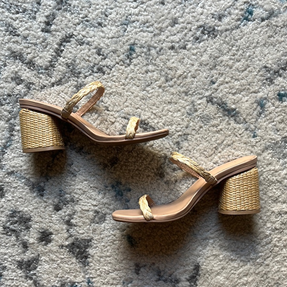 Raffia Strap Block Heel Sandals